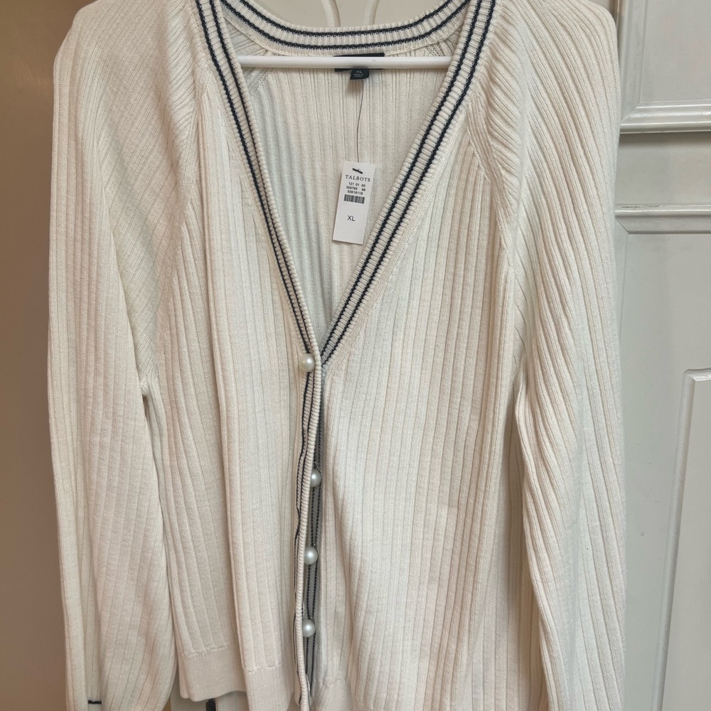 Talbots White Ribbed Cardigan with Navy Trim
